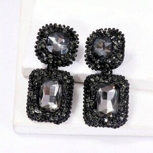 Black & Grey Rhinestone Gems Earrings NEW Retro Geometric Elegant Goth Halloween